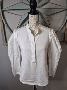A.L.C. Robbie Jersey Poplin Puff-Sleeve Mandarin Cotton Popover Blouse - 4